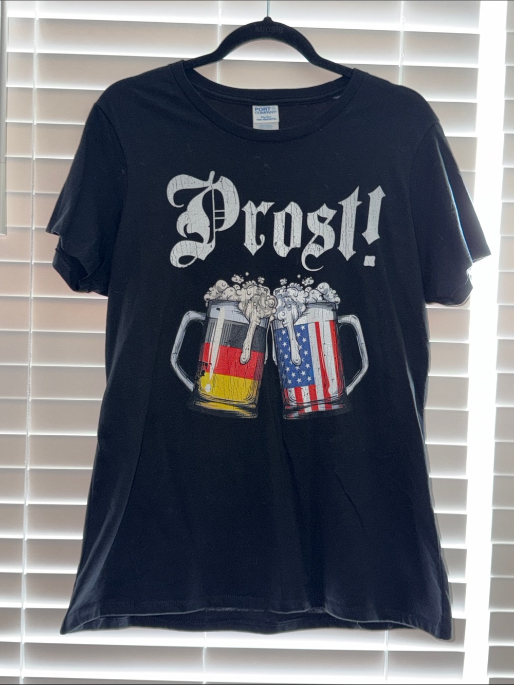 Port and Company Black 'Prost!' 100% Cotton  Graphic Tee with Beer Mugs